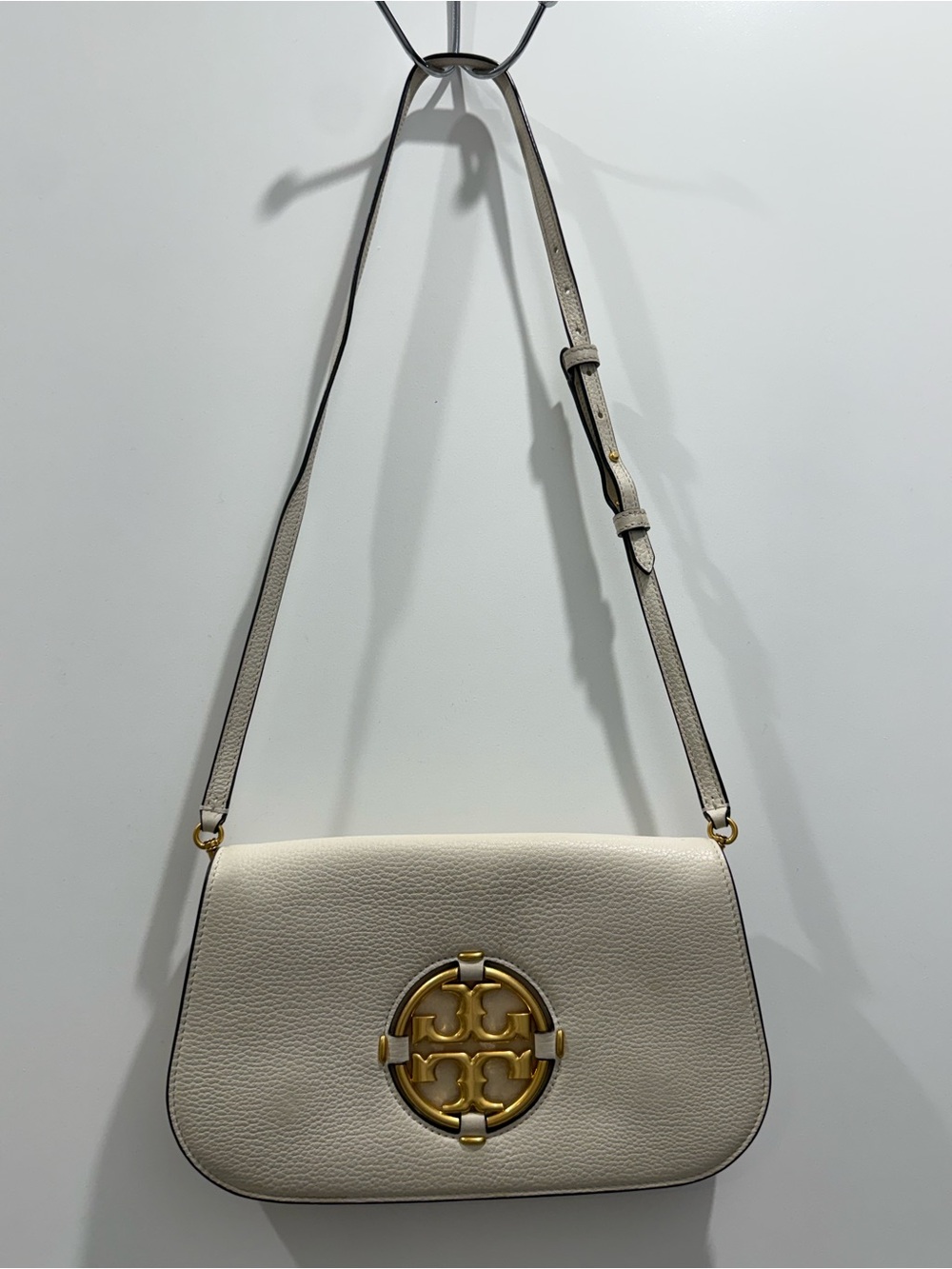 Tory Burch Cream Leather Crossbody Bag with Gold Emblem